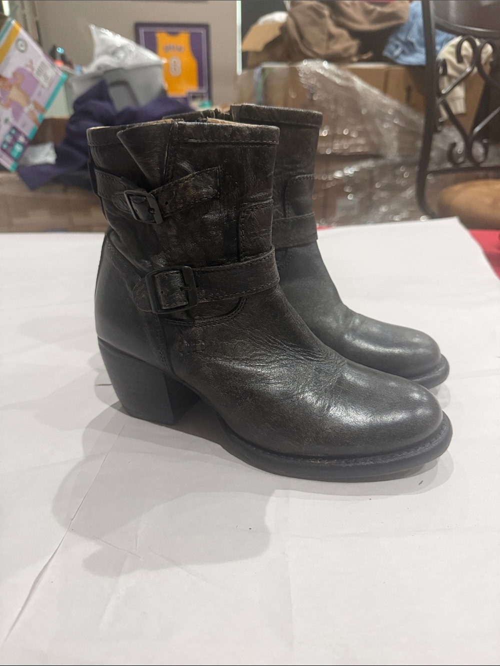 Bed|stu dark grey Leather Ankle Boots with Buckle Detail